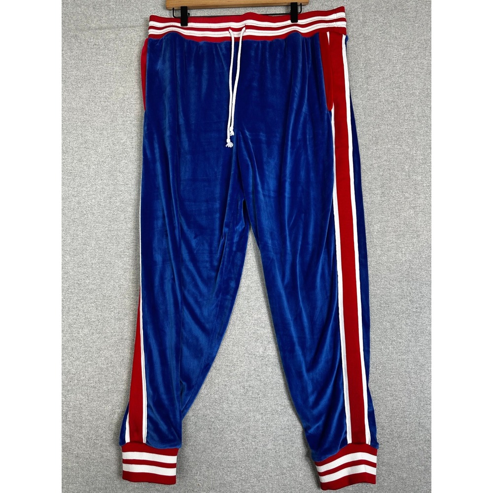Baggy Fleece Jogger Pants Mens XL Blue Velour Side Racing Stripe Track Sweats